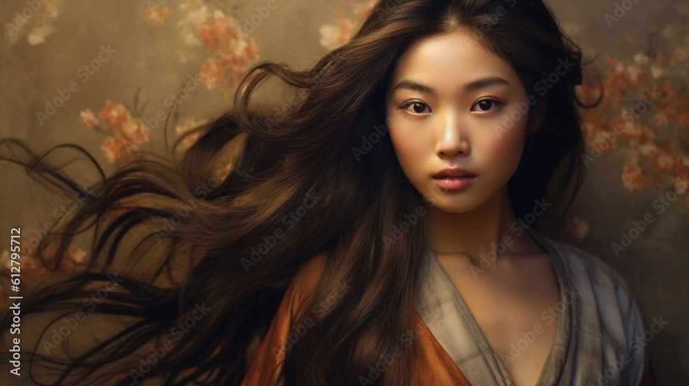 A captivating photograph capturing the natural beauty of an oriental girl with flowing hair and a serene expression, as if she embodies tranquility Generative AI A captivating photograph capturing the natural beauty of an oriental girl with flowing hair and a serene expression, as if she embodies tranquility Generative AI