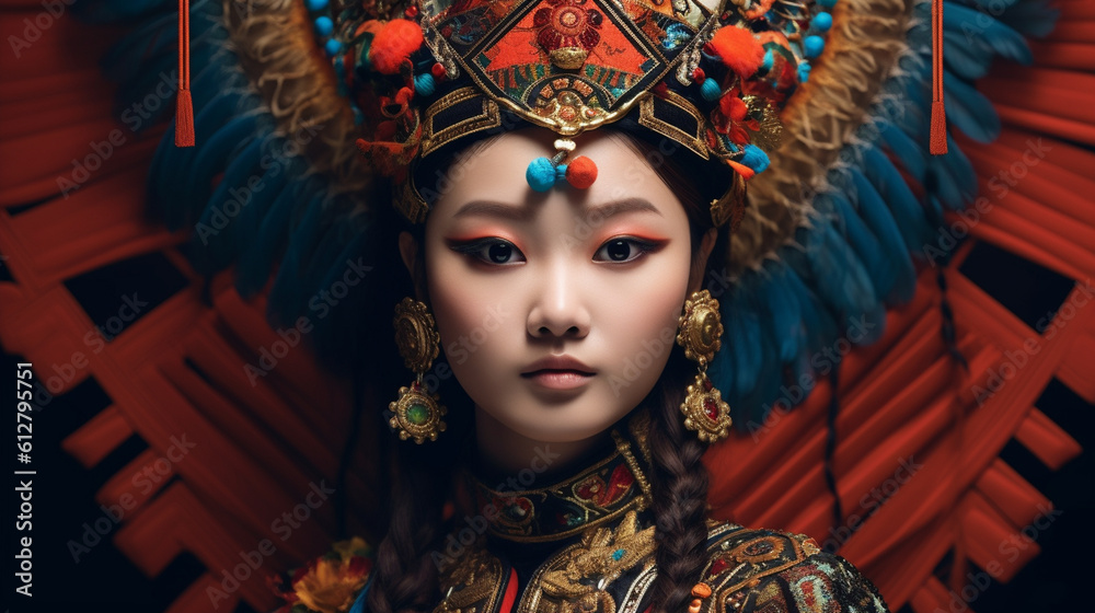 A mesmerizing image of an oriental girl wearing a vibrant traditional costume, the rich colors and intricate details celebrating the heritage and craftsmanship of her culture Generative AI A mesmerizing image of an oriental girl wearing a vibrant traditional costume, the rich colors and intricate details celebrating the heritage and craftsmanship of her culture Generative AI