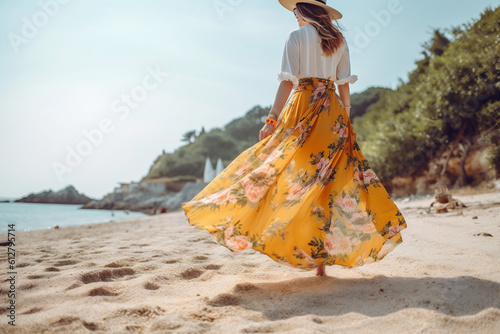 woman hippie sea dress beautiful fashion person freedom lifestyle summer beach. Generative AI.