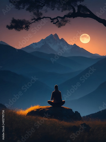 silhouette of man meditating in nature, Generative Ai illustration,Relaxation. photo