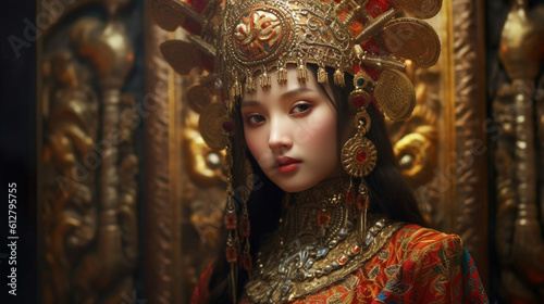 A mesmerizing image of an oriental girl wearing a vibrant traditional costume, the rich colors and intricate details celebrating the heritage and craftsmanship of her culture Generative AI