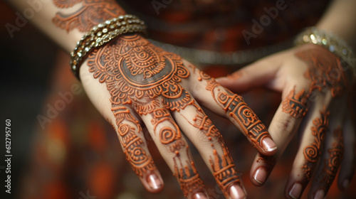 A close-up shot of an oriental girl's graceful hands, adorned with henna patterns, showcasing the artistry and symbolism of her cultural traditions Generative AI © Наталья Евтехова