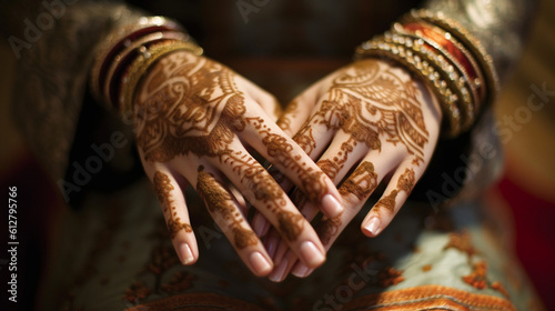 A close-up shot of an oriental girl's graceful hands, adorned with henna patterns, showcasing the artistry and symbolism of her cultural traditions Generative AI