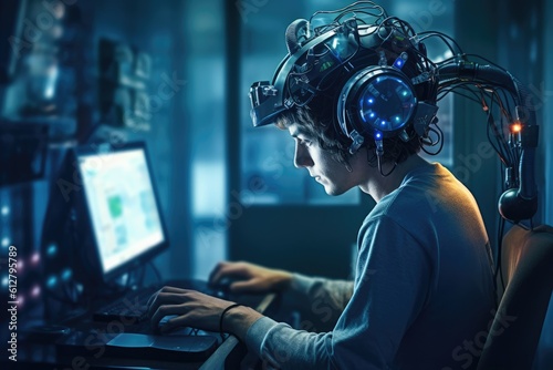 Photo of a person controlling a computer or device with their mind. Generative AI