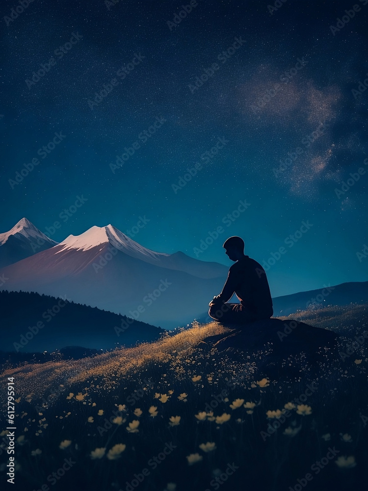 silhouette of man meditating in nature, Generative Ai illustration,Relaxation.