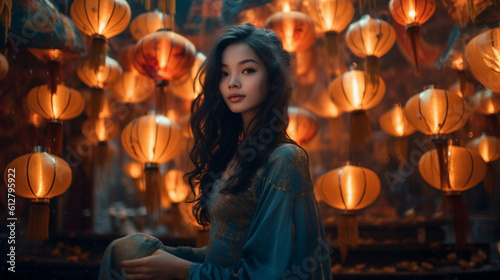 A captivating photograph of an oriental girl surrounded by lanterns, their warm glow illuminating her beauty and creating a magical atmosphere Generative AI