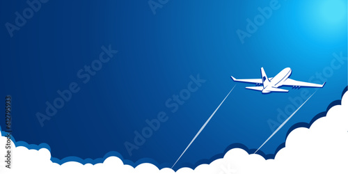 White plane in the blue sky rises above the clouds. Vector background template for web page header 