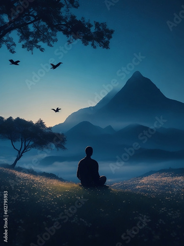 silhouette of man meditating in nature, Generative Ai illustration,Relaxation. © Korarit