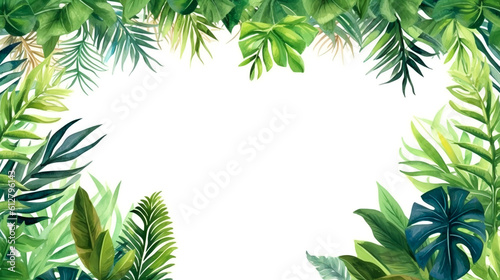 Frame from tropical green leaves on white background. Generative AI