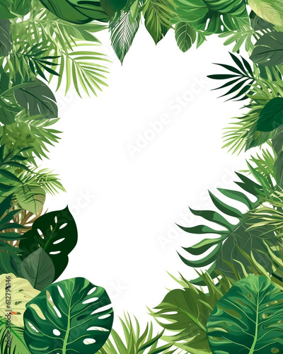 Tropical green leaves frame on white background. Generative AI
