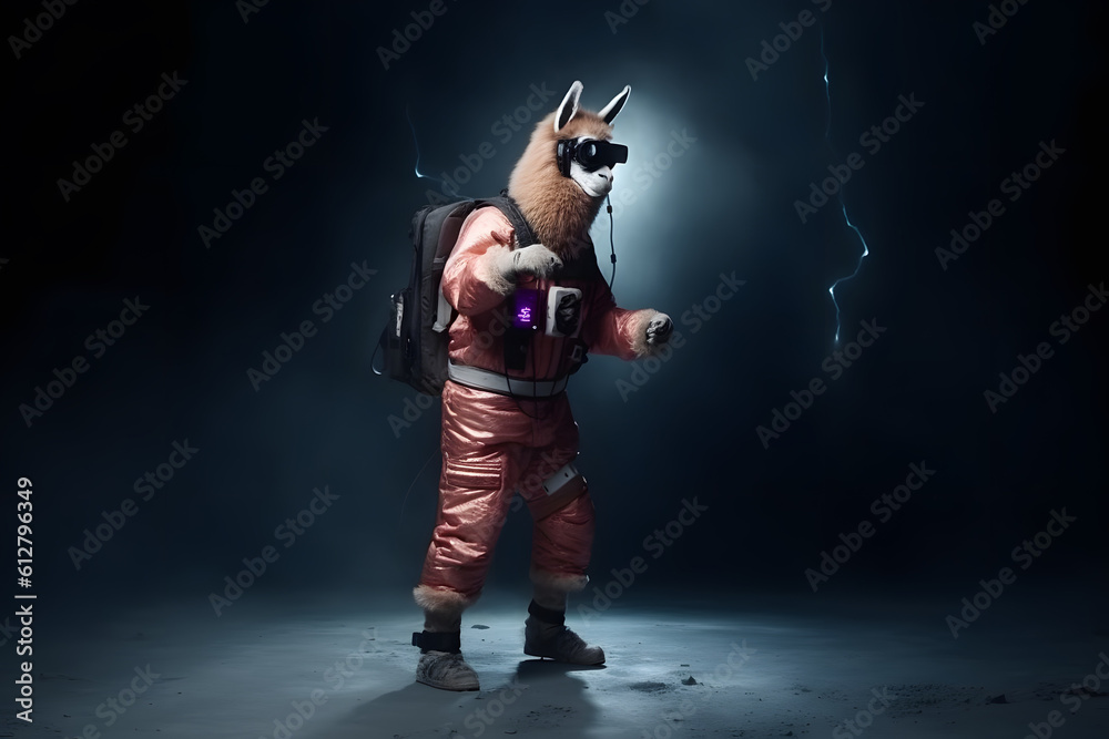 space astronaut llama on moon surface and dark background, Generative AI space astronaut llama on moon surface and dark background, Generative AI