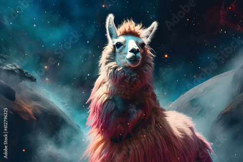 joyful llama on vibrant colorful space eternity background, Generative AI