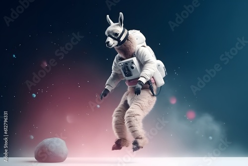 space astronaut llama jumps in the studio, stars and celestial bodies in the background, Generative AI