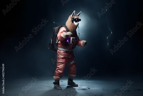 space astronaut llama on moon surface and dark background, Generative AI
