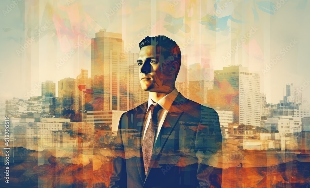 Fototapeta premium A business man in a suit, in the style of double exposure. Generative AI