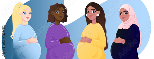 Beautiful pregnant women of different nationalities.Pregnancy and motherhood. girl holding a pregnant belly. Vector