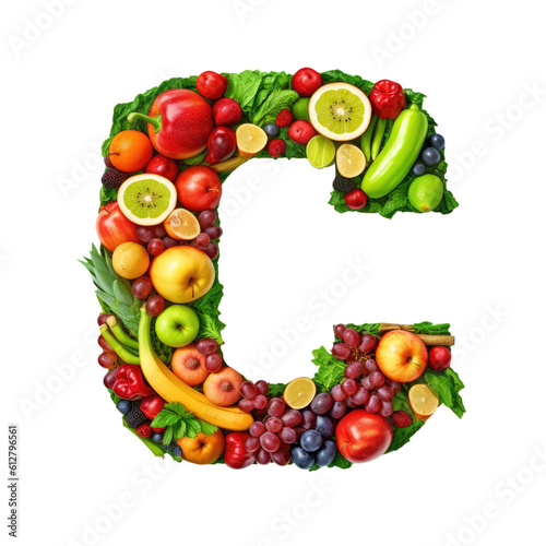 Alphabet or letter c from fresh vegetables and fruits  generative ai  isolated on white background