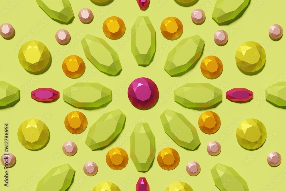 3d render of beautiful colorful gem stone mandala pattern on a lime green background 3d render of beautiful colorful gem stone mandala pattern on a lime green background