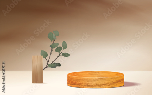 Minimal Fashion Theme: Brown Wooden Round Cylinder Podium on Orange Background - Geometry Exhibition Stage Mockup Concept