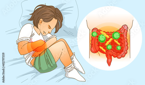 Human with a health problems. Colic. Dairea. Food poisoning. Bacteria in the gut. Health problems. Medical illustration. Vector illustration.