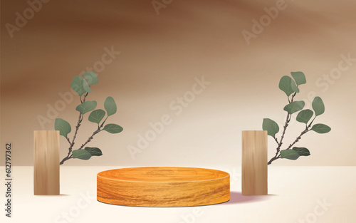 Minimal Fashion Theme: Brown Wooden Round Cylinder Podium on Orange Background - Geometry Exhibition Stage Mockup Concept