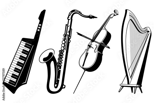 Music instruments icons set. Harp, cello, saxophone, keytar. Vector cliparts isolated on white.