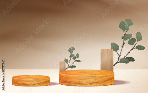Minimal Fashion Theme: Brown Wooden Round Cylinder Podium on Orange Background - Geometry Exhibition Stage Mockup Concept