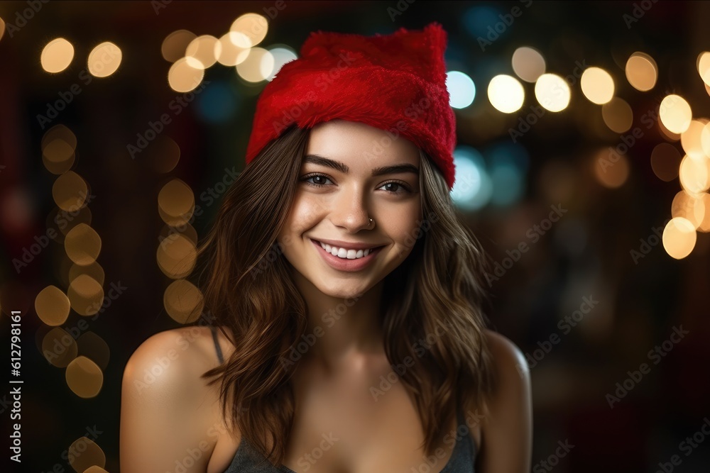 Photo of a beautiful woman in a santa hat poses with a smile. Generative AI Photo of a beautiful woman in a santa hat poses with a smile. Generative AI