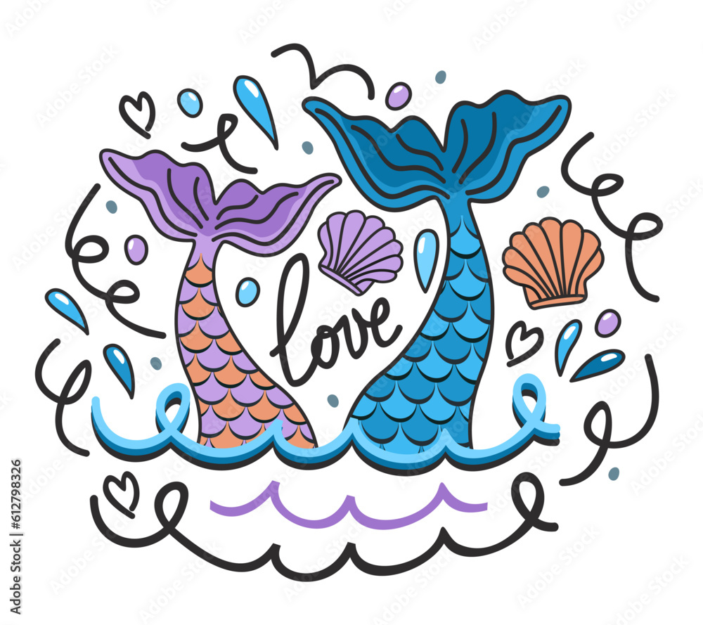 Two mermaid tails in waves. Love concept. Vector isolated illustration.