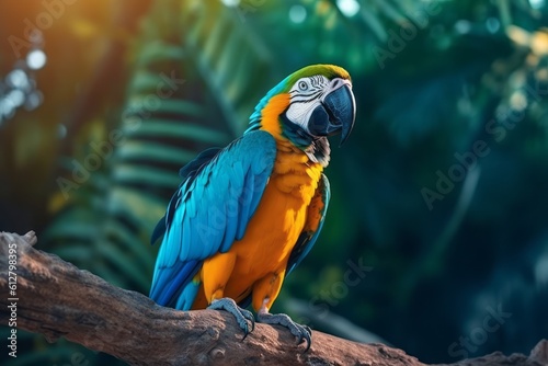 close-up of a colorful macaw perched on a tree branch, showcasing the rich biodiversity of the Amazon and its vibrant bird species. Generative AI