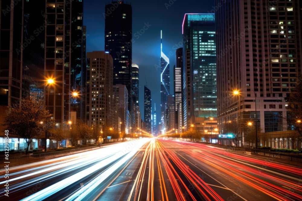 Fototapeta premium A bustling cityscape at night with vibrant lights and towering skyscrapers. Generative AI