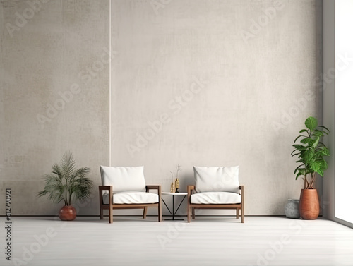 Interior living room with chair and decorations. Scandinavian design. Generative AI. © srijaroen