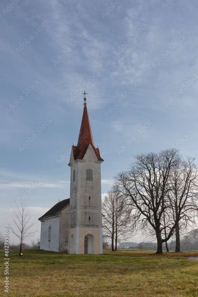 The church of St.Urh on a misty morning, located in Vihre near Krsko, Posavje, Slovenia