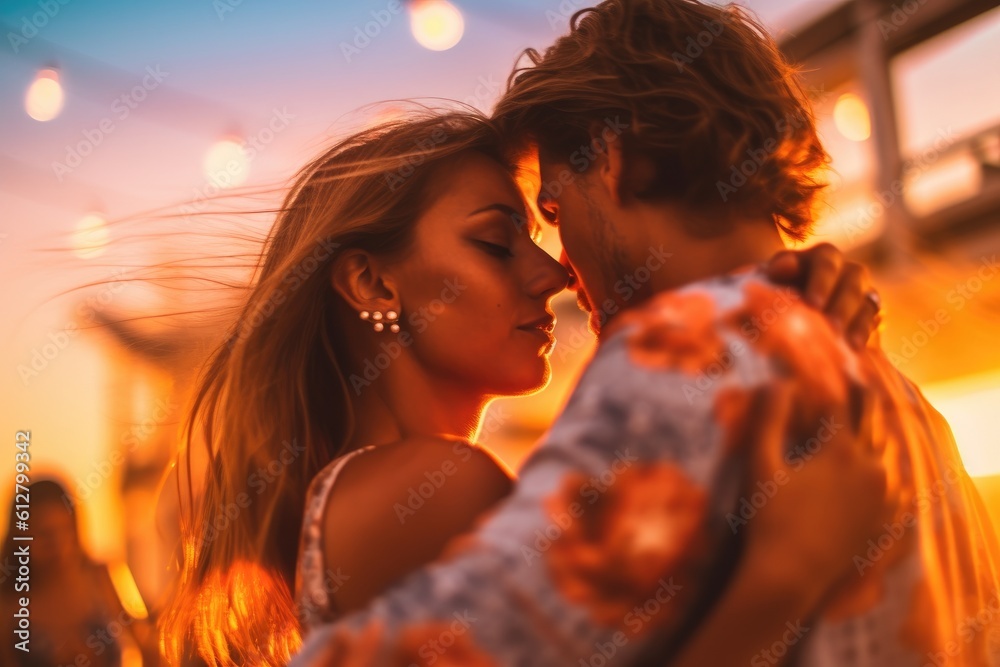 A close - up shot of a couple passionately dancing at a beach club. Generative AI A close - up shot of a couple passionately dancing at a beach club. Generative AI
