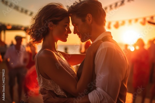 A close - up shot of a couple passionately dancing at a beach club. Generative AI