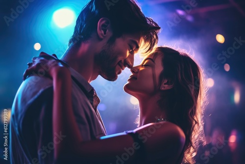 A close - up shot of a couple passionately dancing at a night club. Vibrant Colors. Generative AI