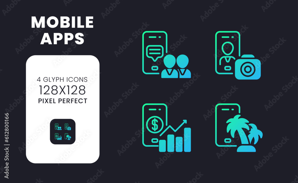Mobile apps blue solid gradient desktop icons. Software monetization. Digital marketing. Online tools. Pixel perfect 128x128, outline 4px. Glyph pictograms kit for dark theme. Isolated vector images Mobile apps blue solid gradient desktop icons. Software monetization. Digital marketing. Online tools. Pixel perfect 128x128, outline 4px. Glyph pictograms kit for dark theme. Isolated vector images