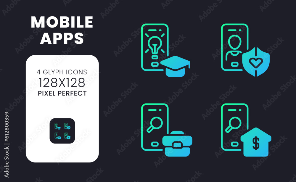 Mobile apps blue solid gradient desktop icons. Cross platform. Online business. Smartphone software. Pixel perfect 128x128, outline 4px. Glyph pictograms kit for dark theme. Isolated vector images Mobile apps blue solid gradient desktop icons. Cross platform. Online business. Smartphone software. Pixel perfect 128x128, outline 4px. Glyph pictograms kit for dark theme. Isolated vector images