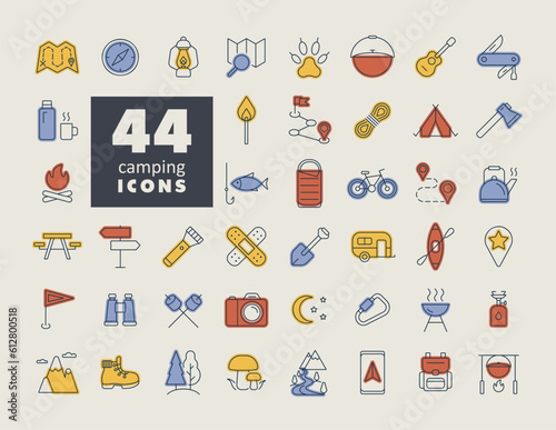 Camping, Hiking and Outdoor Activities icons set