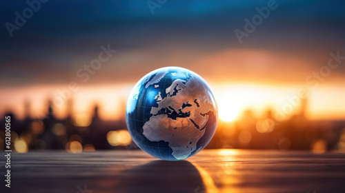 Planet earth on the background of blurred lights of the city 