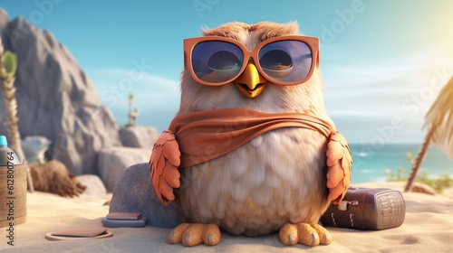 A captivating 3D rendered image of a friendly and wise owl character sitting on a beach rock, with a pair of sunglasses perched on its beak, enjoying the serene beach atmosphere - Generative ai