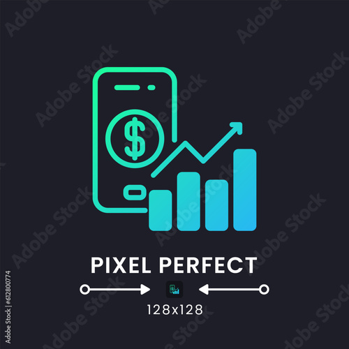 Personal finance app blue solid gradient desktop icon on black. Budget planner. Expense tracker. Pixel perfect 128x128, outline 4px. Glyph pictogram for dark mode. Isolated vector image