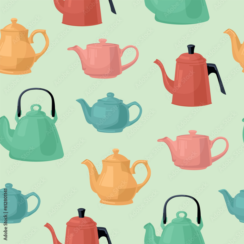 Pattern of colored teapots. Vector image.