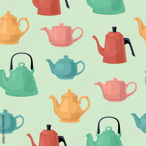 Pattern of colored teapots. Vector image.