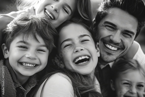 A close - up photo of a beaming American family huddled together, their faces filled with joy and laughter. Generative AI