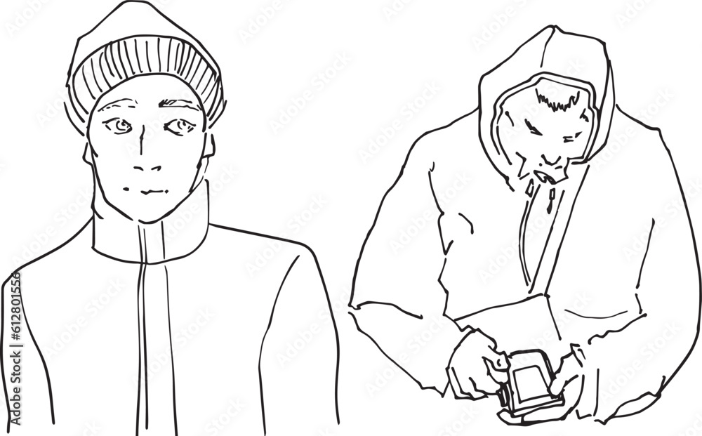 Linear drawing men set of illustrations hand drawn black contour silhouette of fat man in jacket looking at phone playing game. Modest young attractive man in a winter knitted hat Linear drawing men set of illustrations hand drawn black contour silhouette of fat man in jacket looking at phone playing game. Modest young attractive man in a winter knitted hat