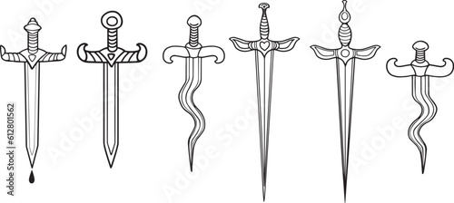 Vector line art dagger design set heroic knife icon symbol contour images Decorated sword weapon illustration Traditional Tattoo Sketch. Clip art game, kids adventure book, logo epic old school style