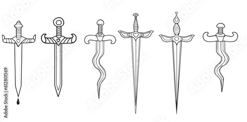 Vector line art dagger design set heroic knife icon symbol contour images Decorated sword weapon illustration Traditional Tattoo Sketch. Clip art game, kids adventure book, logo epic old school style
