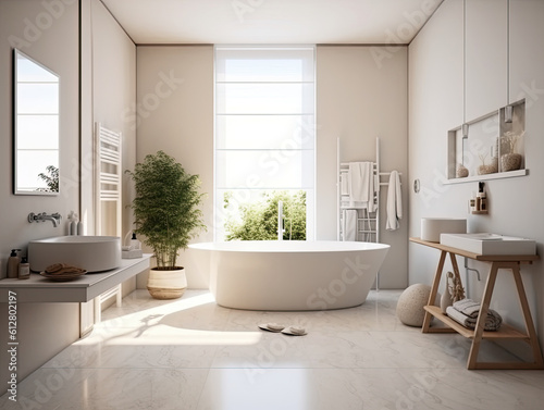 Realistic interior design bathroom with bathtub. modern minimal design. Generative AI © srijaroen