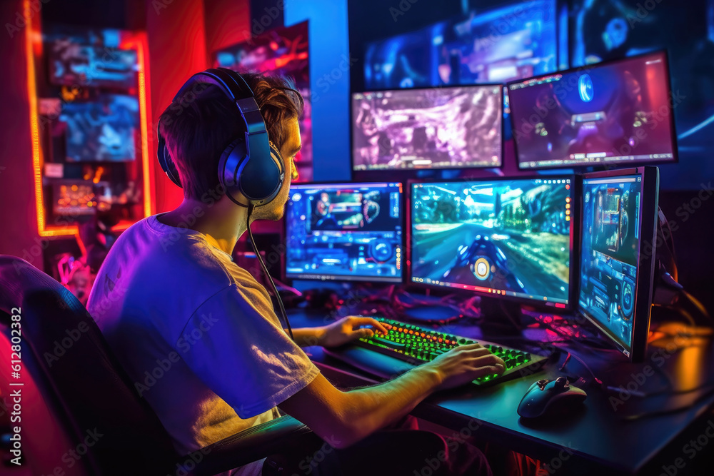 A gamer during a live stream, showcasing their genuine reactions and interactions with their audience. Generative AI A gamer during a live stream, showcasing their genuine reactions and interactions with their audience. Generative AI